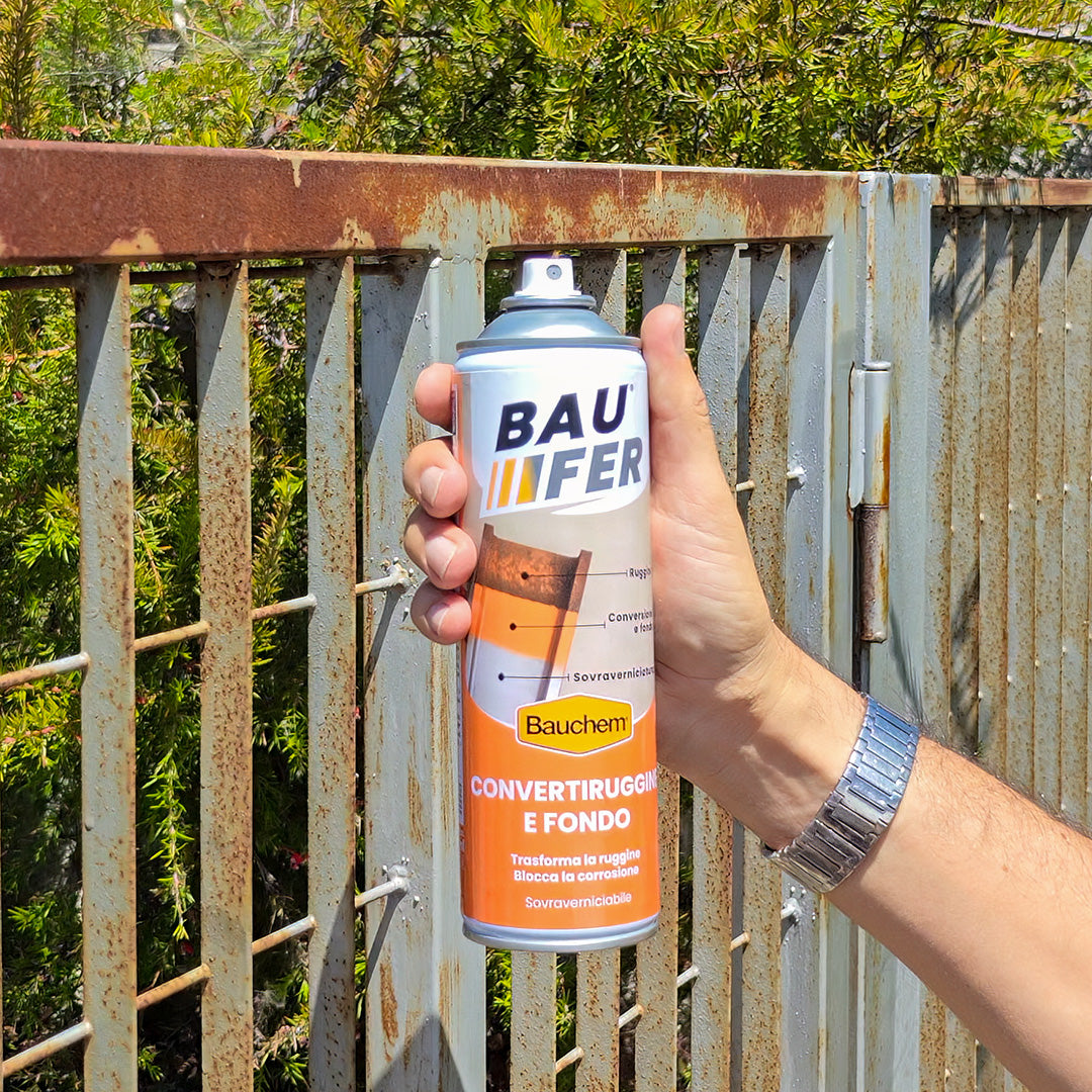 CONVERTIRUGGINE E FONDO SPRAY BAUFER. Trasforma la ruggine e blocca la corrosione