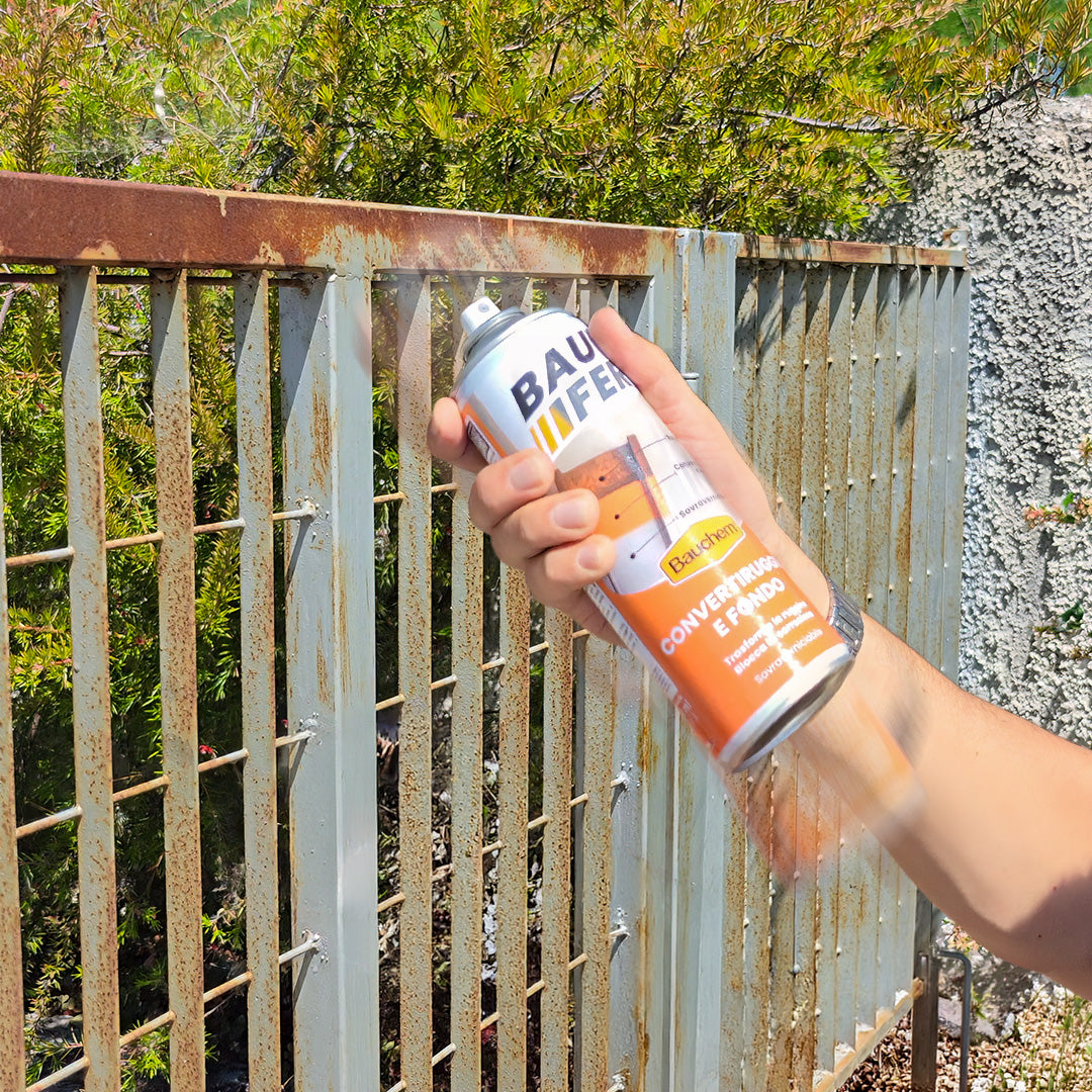CONVERTIRUGGINE E FONDO SPRAY BAUFER. Trasforma la ruggine e blocca la corrosione