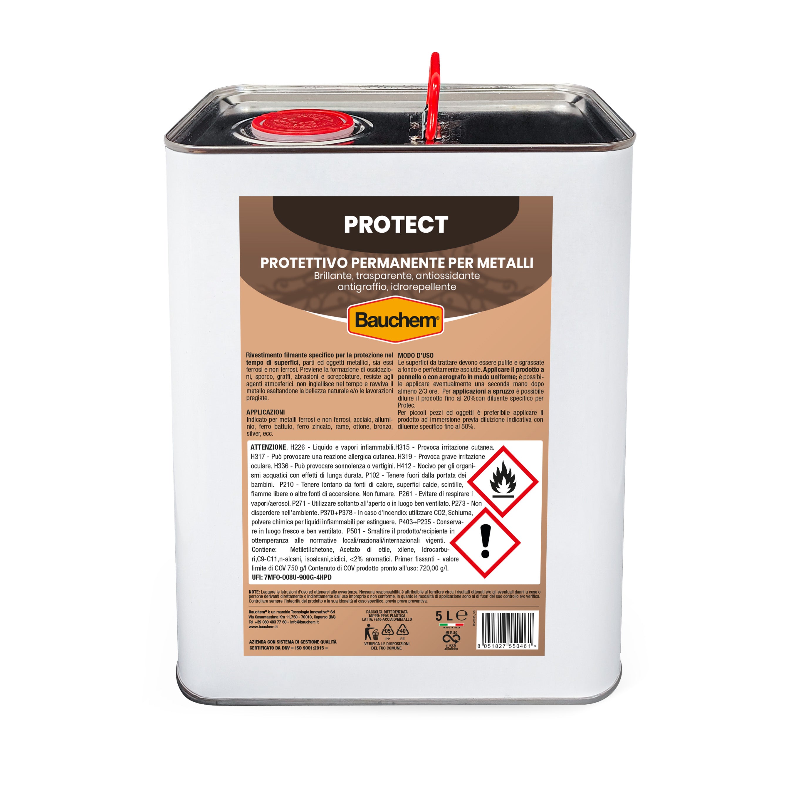 PROTEC. Protettivo per metalli. Trasparente, idrorepellente, brillante, permanente, antiossidante, antigraffio.