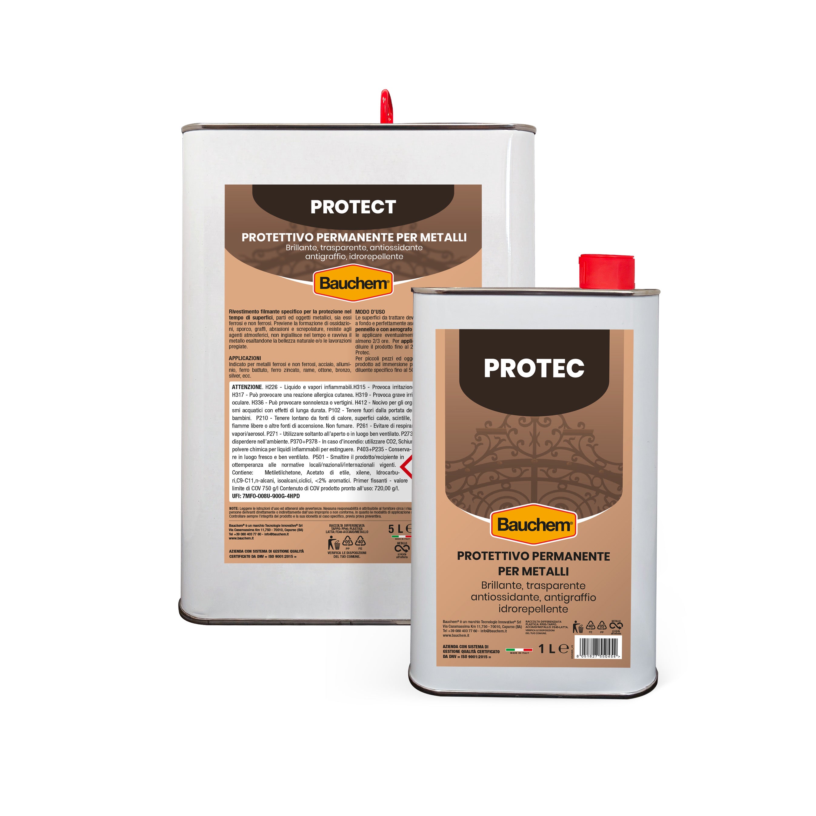 PROTEC. Protettivo per metalli. Trasparente, idrorepellente, brillante, permanente, antiossidante, antigraffio.