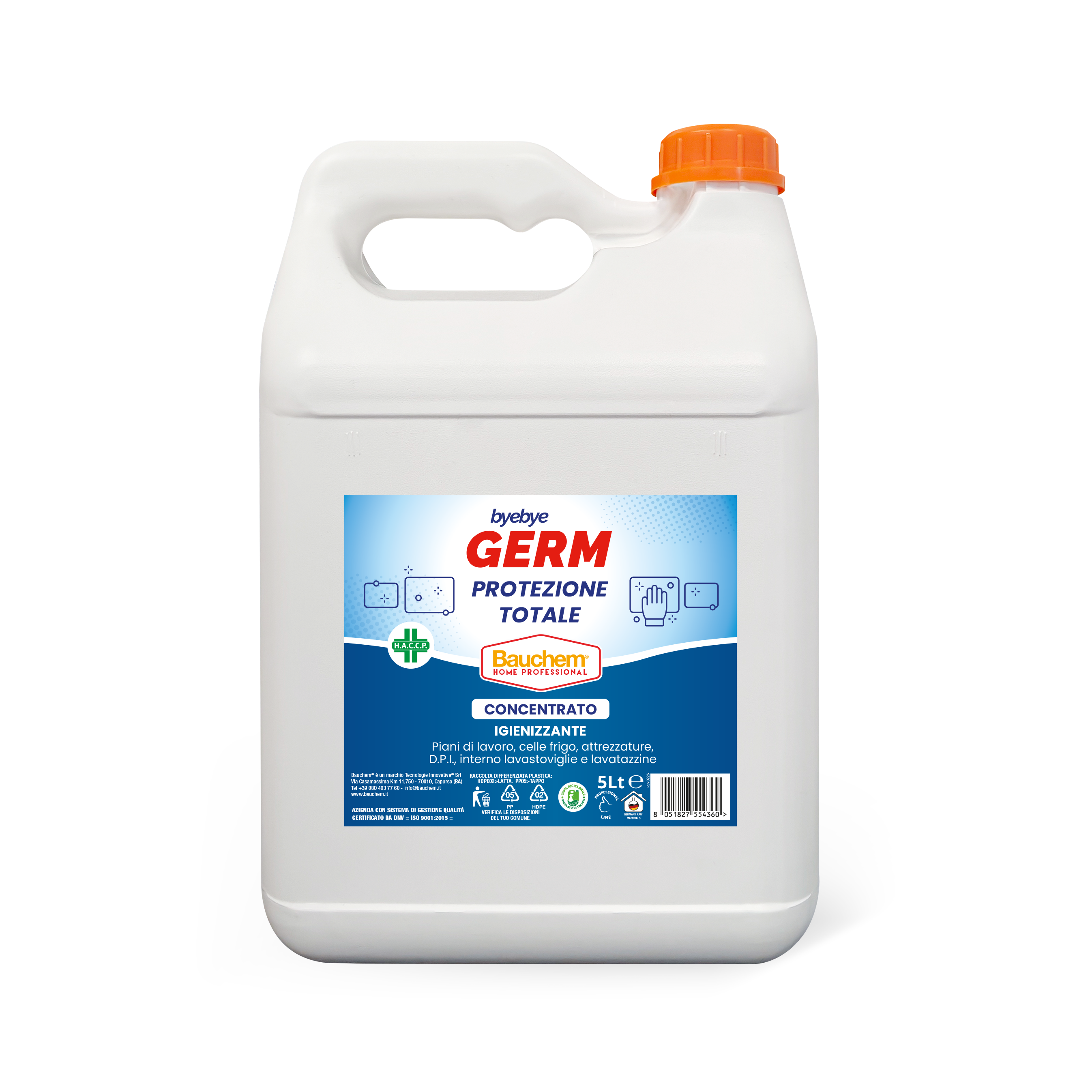 PROTEZIONE TOTALE CONCENTRATO BYE BYE GERM. Igienizzante per piani di lavoro, celle frigo, attrezzature, D.P.I., interno lavastoviglie e lavatazzine